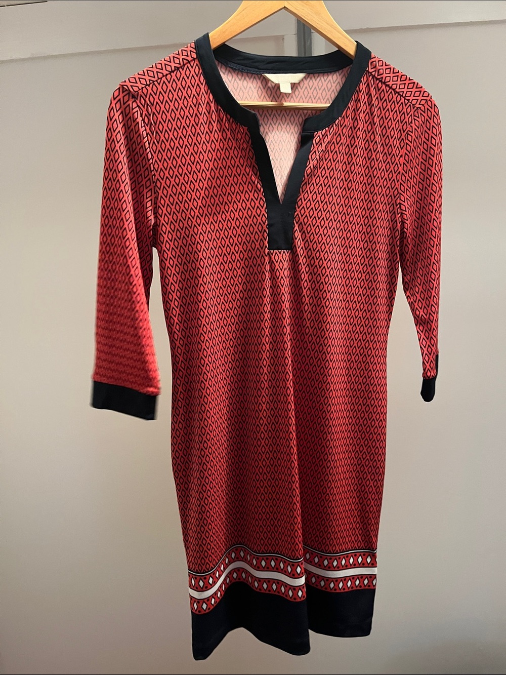 Vintage Banana Republic Red Geometric Print Women's Dress with Black Trim